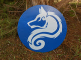 Arctic Wolf Wooden Shield - Bright Blue and Ice Blue - Painted, Stained, Sealed - Cosplay, Decor - CynCraft