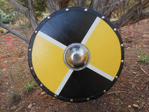 Queen Bee Wooden Shield - Yellow and Black Block Pattern - Silver-Tone Shield Boss - Cosplay, Decor - CynCraft