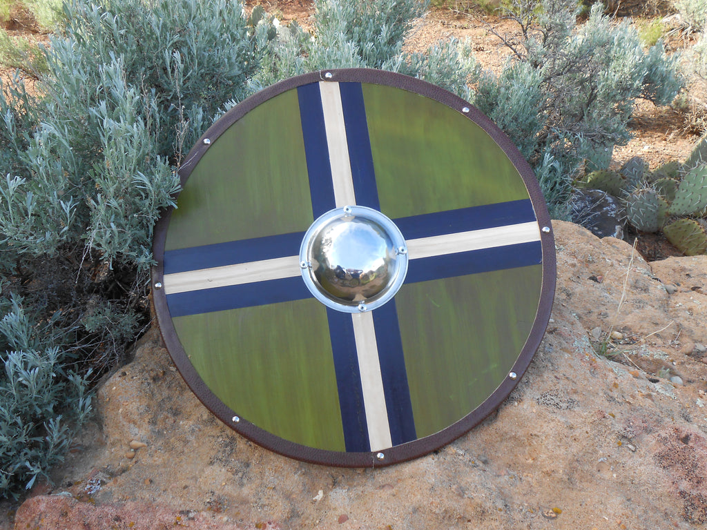 Olive and Navy Wooden Shield - Silver-Tone Shield Boss - Cosplay, Decor - CynCraft
