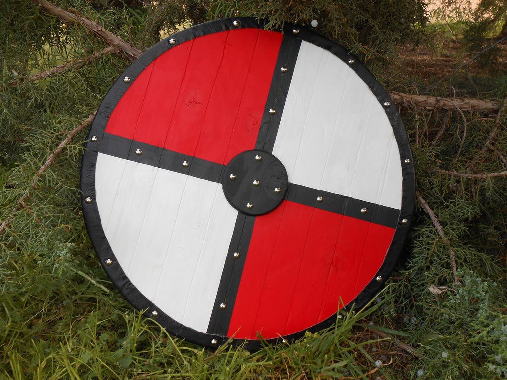 Red, White, and Black Wooden Shield - Silver-Toned Studs and Faux Leather Trim - Cosplay, Decor - CynCraft